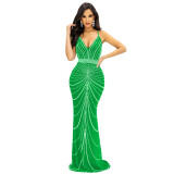 Fashion Ladies Solid Color Camisole Sleeveless Beaded Low Back Maxi Dress