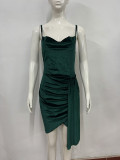 Summer Fashion Ladies Chic Slit Pleated velvet Strap Dress Evening Gown