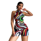 Summer Ladies Print Sexy Low Back Round Neck Short Sports Jumpsuit