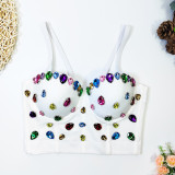 Beaded Herringbone Strap Outdoor Wear Cropped Corset Tight Fitting Gemstone Colored Diamonds Strapless