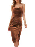 Spring Summer Ladies Fashion Chic Slit Pleated velvet Strap Dress Evening Dress