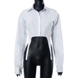 Women's Summer Casual Solid Turndown Collar Button Down Crop Shirt Slim Fit Long Sleeve Top