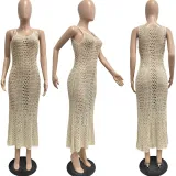 Women's Sexy Hollow Solid Color V-neck Knitting Sleeveless Mermaid Dress