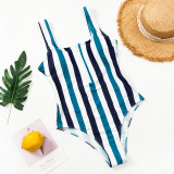 Women Color Block Stripe Print One Piece Swimwear