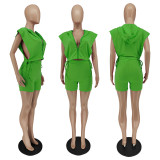 Women Summer Lace-Up Zip Hood Side Cutout Two-Piece Set