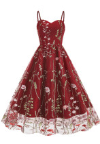 Vrouwen vintage halter geborduurde mesh patchwork jurk