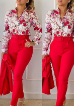 Women Long Sleeve Printed Shirt + Solid Pant Casual Two-Piece Set (No Jacket)