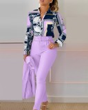 Women Long Sleeve Printed Shirt + Solid Pant Casual Two-Piece Set (No Jacket)