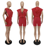 Women Summer Lace-Up Zip Hood Side Cutout Two-Piece Set