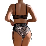Women Embroidered Flowers See-Through Sexy Lingerie Three-Piece
