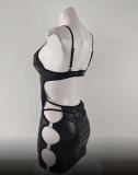 Women Black Pu Leather Halter Neck Cutout Game Costume Dress Sexy lingerie