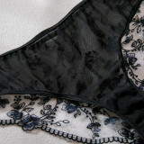 Women Embroidered Flowers See-Through Sexy Lingerie Three-Piece