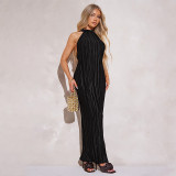Women Summer Solid Casual Sleeveless Backless Halter Neck Lace-Up Maxi Dress