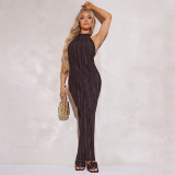 Women Summer Solid Casual Sleeveless Backless Halter Neck Lace-Up Maxi Dress