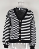 Autumn And Winter Knitting Plaid Patchwork Striped Cardigan Coat Sweater Women