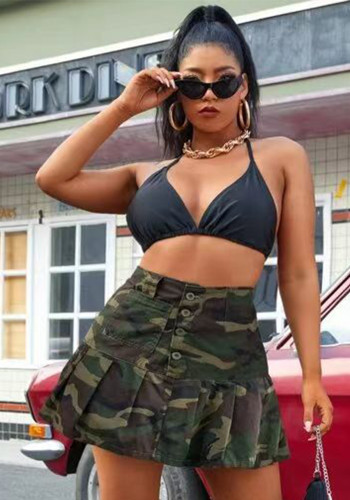 Spring And Summer Women's Camouflage Pocket Button Pleated Mini Skirt