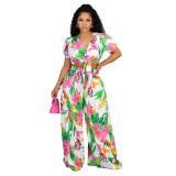 Sexy Fashion Printed Wide-Leg Straight Loose Pants Short-Sleeved Top Two Piece Suits