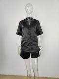 Summer Ladies Turndown Collar Short Sleeve Button Up Shirt Satin Shorts Casual Ladies Two Piece Set