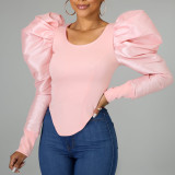 Spring T-Shirt Women's Tight Fitting Long Sleeve Puff Sleeve Basic Top