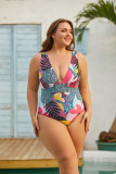 Women's Tight Fitting Plus Size Digital Printing Deep V Low Back One Piece Swimsuit