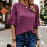 Summer and autumn women's solid color single-breasted fashion Ruffle Sleeve T-shirt