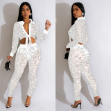 Women's Fashion Solid Color Mesh Beaded Long Sleeve Trousers Two-Piece Set