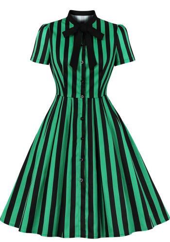 Vestido vintage de manga corta con cuello vuelto y lazo con cordones y rayas verticales para mujer de talla grande