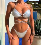 Women's Bright Leather Two Pieces Swimsuit Sexy Lace-Up Bikini