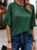 Summer and autumn women's solid color single-breasted fashion Ruffle Sleeve T-shirt