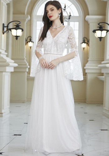 Sexy Damen-Hochzeitskleid mit langen Ärmeln, weißer Spitze und Netzstoff, dünn