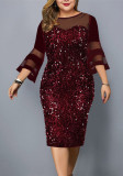 Spring Fall Sequin Mesh Patchwork Cropped Sleeves Plus Size Women's Bodycon Dress