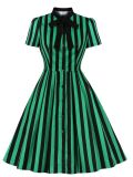 Plus Size Women's Turndown Collar Lace-Up Bow Vertical Stripe Short Sleeve Vintage Swing Dress