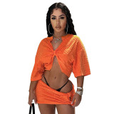 Women's Summer Solid Color Sexy Half Sleeve Knot Top Skirt Casual Set