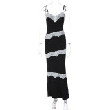 Women Summer Sexy V-Neck Patchwork Contrasting Color Lace Strap Dress