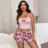 Women Summer Butterfly Print Suspenders Top and Shorts Homewear Two-piece Set