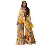 Fashion Color Contrast Printing Chiffon Long Sleeve Tie Blouse Bell Bottom Pants Two-Piece Suit For Women