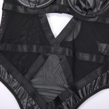 See-Through Mesh PU Patchwork Sexy Onesie Bodysuit Lingerie For Women