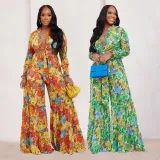 Fashion Color Contrast Printing Chiffon Long Sleeve Tie Blouse Bell Bottom Pants Two-Piece Suit For Women