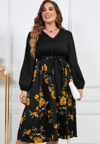 Plus Size Print Loose Chic Slim Fit V-Neck High Waist Long Sleeve Floral Dress