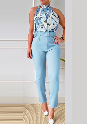 Traje de pantalón de dos piezas sin mangas elegante informal de moda con estampado de primavera