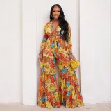 Fashion Color Contrast Printing Chiffon Long Sleeve Tie Blouse Bell Bottom Pants Two-Piece Suit For Women