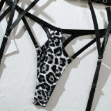 Erotic Lingerie Sexy Ribbon Patchwork Leopard Print  Three-Piece Female Bikini Set
