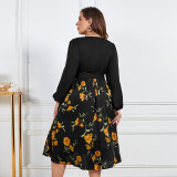 Plus Size Print Loose Chic Slim Fit V-Neck High Waist Long Sleeve Floral Dress