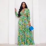 Fashion Color Contrast Printing Chiffon Long Sleeve Tie Blouse Bell Bottom Pants Two-Piece Suit For Women