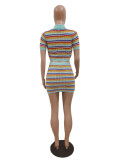 Fashion Turndown Collar Short Sleeve Crop Stripe Colorblock Sexy Knitting Short Slim Fit Women's Dress