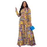 Fashion Color Contrast Printing Chiffon Long Sleeve Tie Blouse Bell Bottom Pants Two-Piece Suit For Women