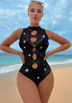 Women's Sexy Hollow Rhinestone Beaded See-Through Sexy Bodysuit Lingerie
