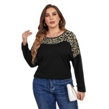 Trendy Chic Leopard Print Long Sleeve Round Neck Plus Size Top Women