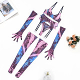 Summer Print Mesh Sexy Lingerie Gloves Garter Set