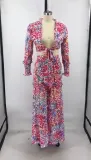 Fashion Color Contrast Printing Chiffon Long Sleeve Tie Blouse Bell Bottom Pants Two-Piece Suit For Women